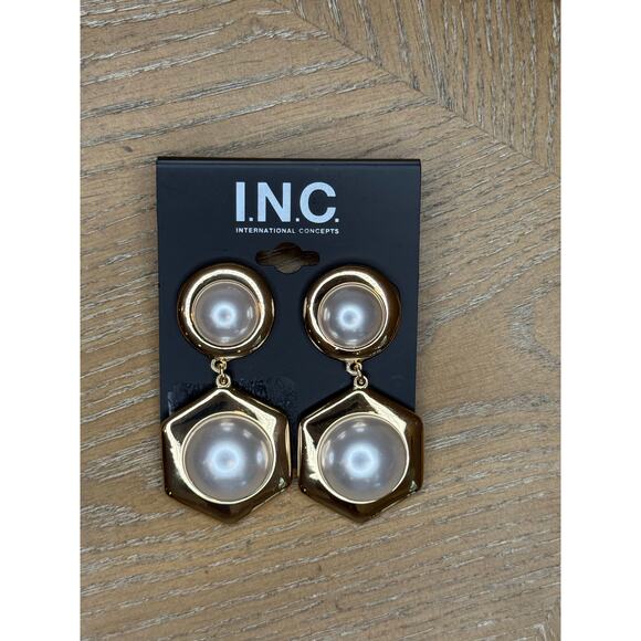 INC Gold Tone Hexagon Faux Pearl Drop Earrings Statement Dangle - Picture 2 of 3